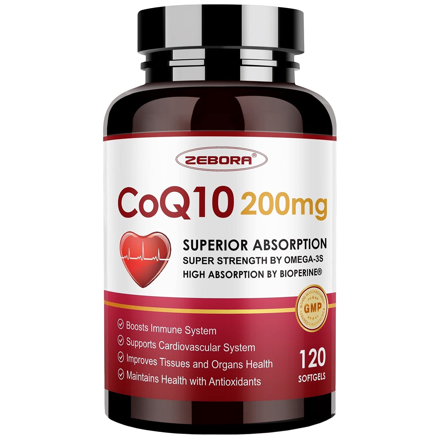 ZEBORA CoQ10-200mg Softgels with PQQ, BioPerine & Omega-3 – 120 Servings