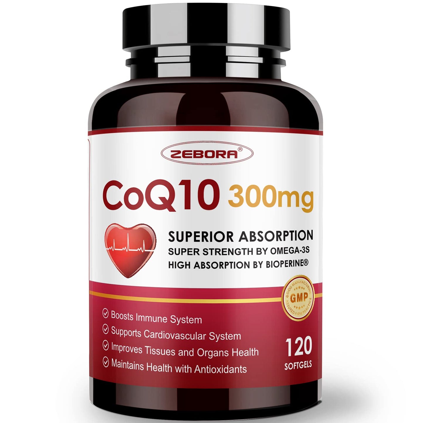 ZEBORA CoQ10 300mg Softgels with PQQ, BioPerine & Omega-3 – 120 Servings | High-Absorption Coenzyme Q10
