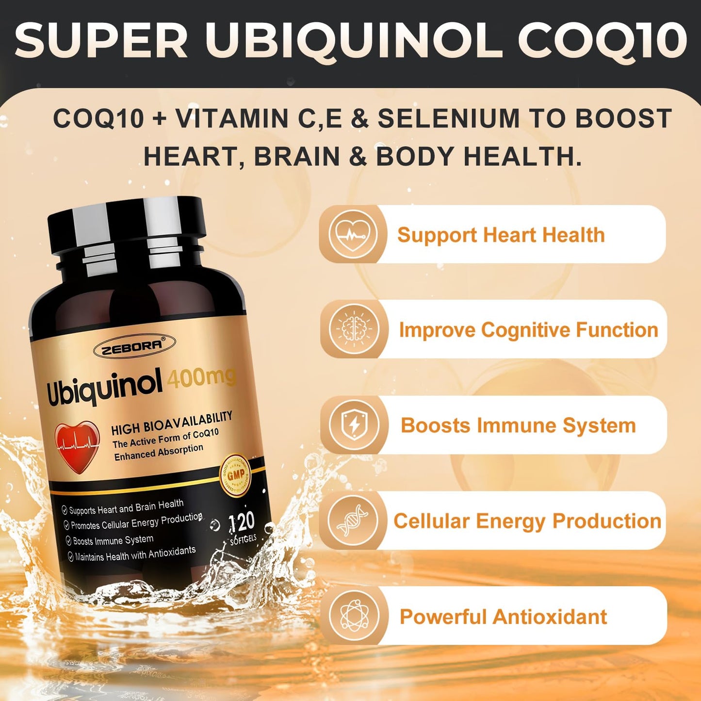 ZEBORA Ubiquinol CoQ10 400mg Softgels – 120 Count, Max Absorption, 4-in-1 Antioxidant for Heart Health & Energy