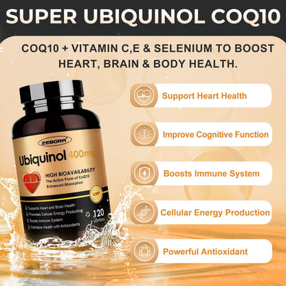 ZEBORA Ubiquinol CoQ10 400mg Softgels – 120 Count, Max Absorption, 4-in-1 Antioxidant for Heart Health & Energy