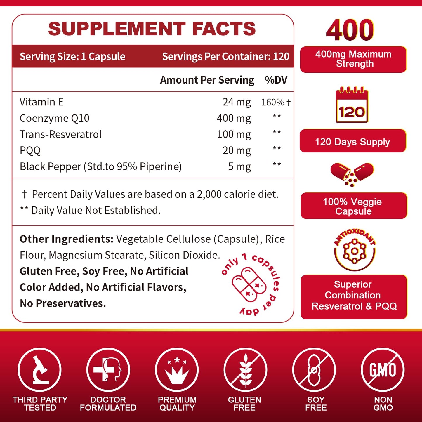 ZEBORA CoQ10 400mg with Trans-Resveratrol, PQQ & Vitamin E – High Absorption CoQ10 with BioPerine