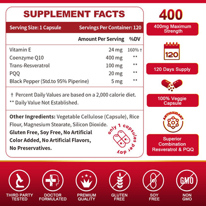 ZEBORA CoQ10 400mg with Trans-Resveratrol, PQQ & Vitamin E – High Absorption CoQ10 with BioPerine