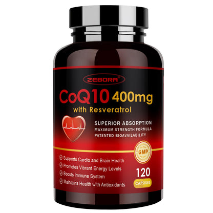 ZEBORA CoQ10 400mg with Trans-Resveratrol, PQQ & Vitamin E – High Absorption CoQ10 with BioPerine