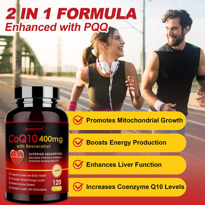 ZEBORA CoQ10 400mg with Trans-Resveratrol, PQQ & Vitamin E – High Absorption CoQ10 with BioPerine