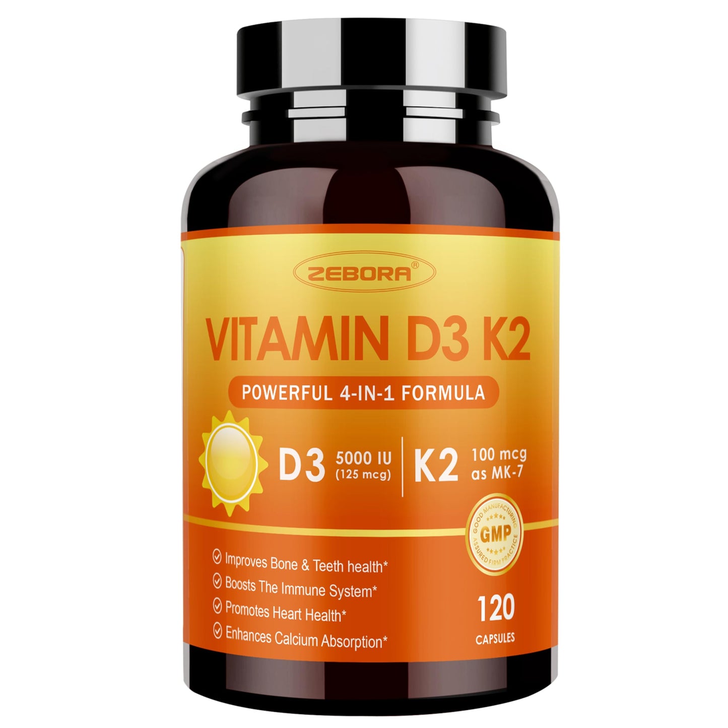 ZEBORA Vitamin D3+K2 5000 IU (MK-7 100 mcg) - 120 Capsules