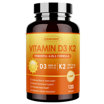 ZEBORA Vitamin D3+K2 5000 IU (MK-7 100 mcg) - 120 Capsules