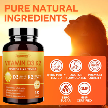 ZEBORA Vitamin D3+K2 5000 IU (MK-7 100 mcg) - 120 Capsules