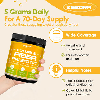 ZEBORA Fiber Supplement Powder | Unflavored Prebiotic with Acacia – Digestive Health, Regularity and Hunger Control | Gluten Free, No Sugar Added | 70 Servings
