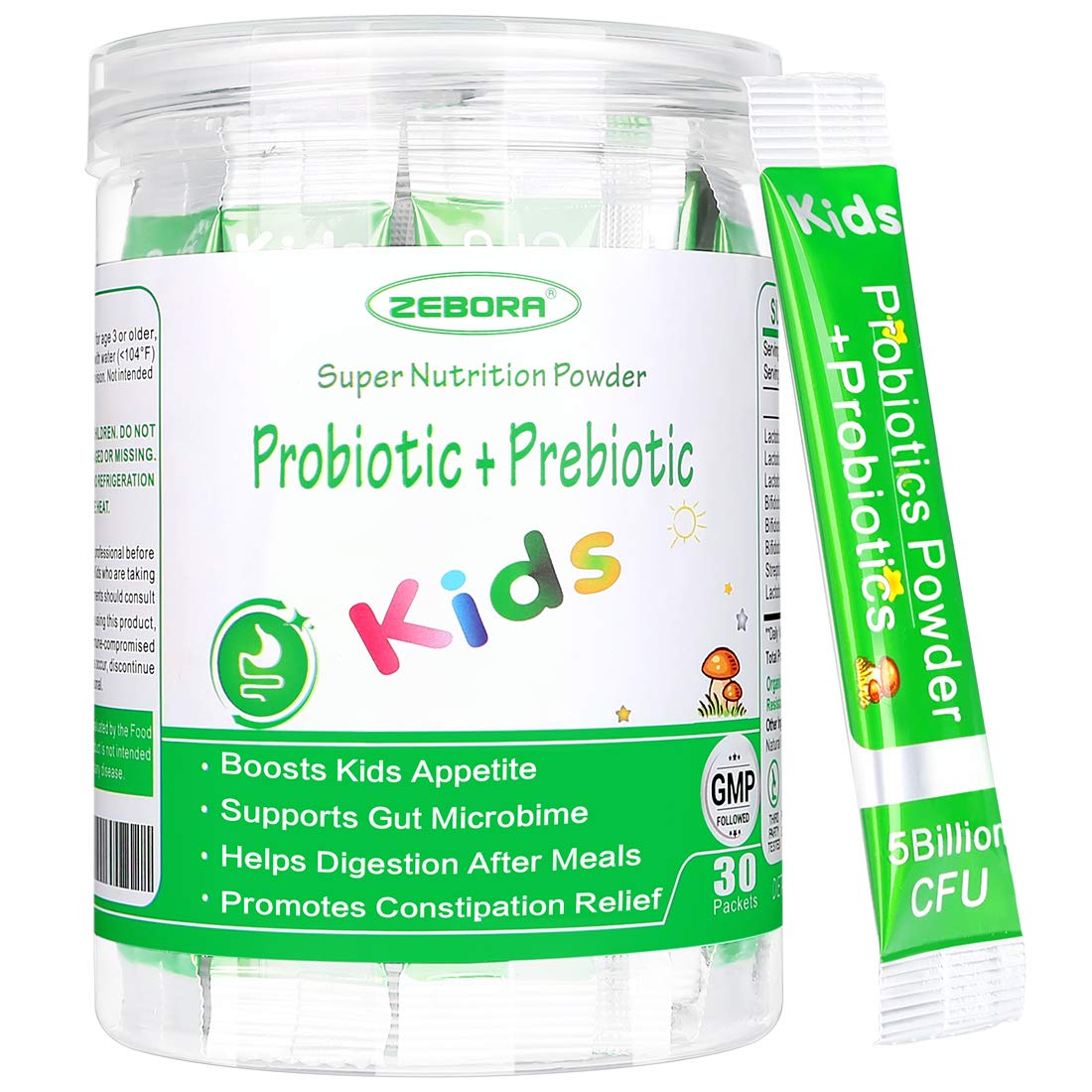 ZEBORA Kids Probiotic & Prebiotic Powder (3+) – 5B CFU, 30 Packets, Non-GMO, Gluten-Free