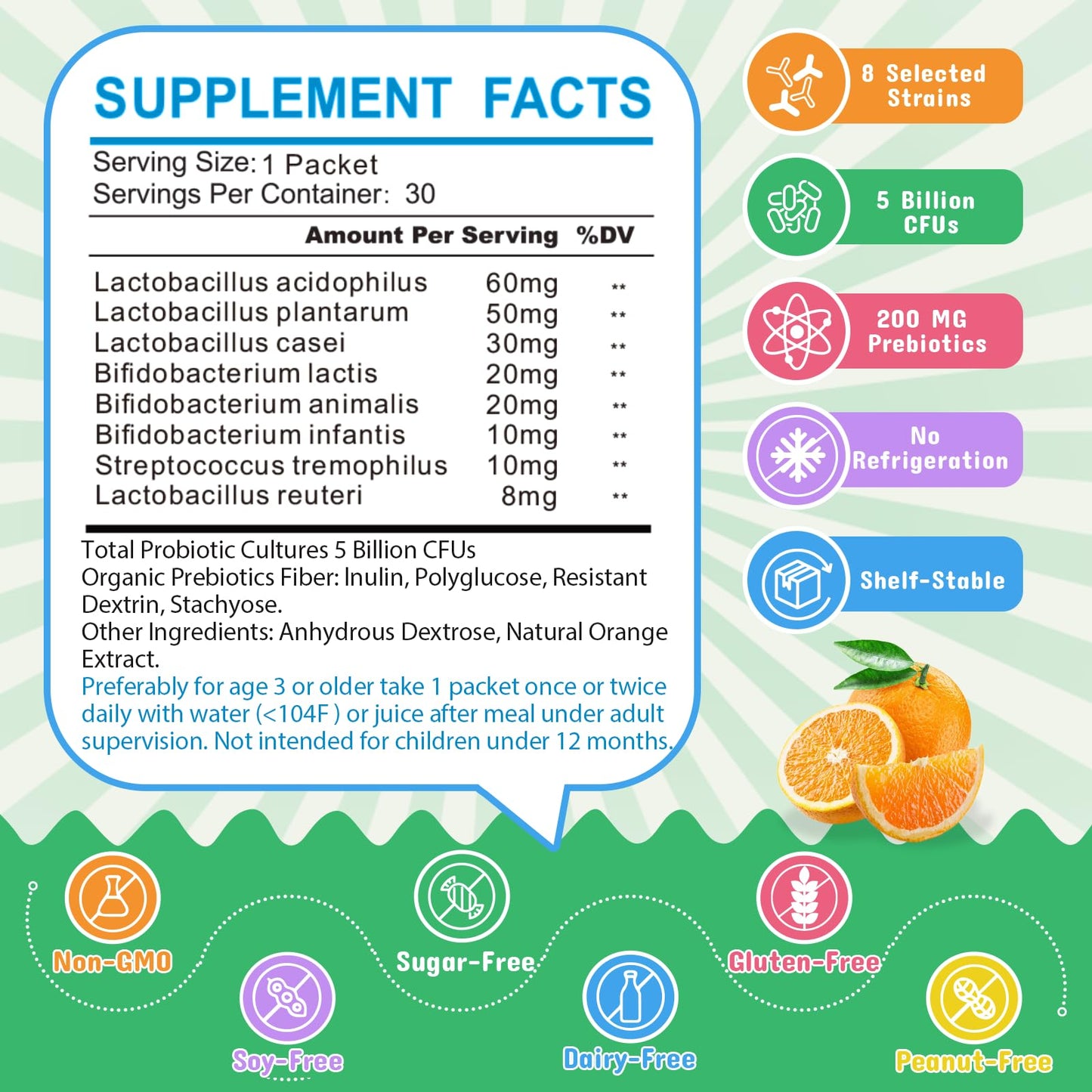 ZEBORA Kids Probiotic & Prebiotic Powder (3+) – 5B CFU, 30 Packets, Non-GMO, Gluten-Free