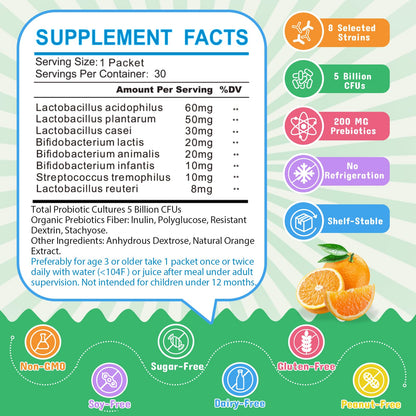 ZEBORA Kids Probiotic & Prebiotic Powder (3+) – 5B CFU, 30 Packets, Non-GMO, Gluten-Free