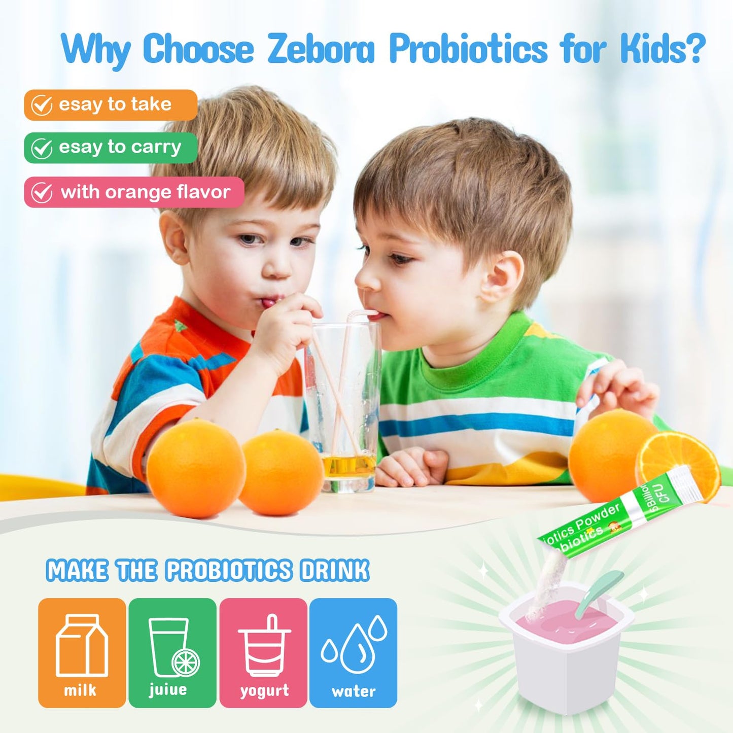 ZEBORA Kids Probiotic & Prebiotic Powder (3+) – 5B CFU, 30 Packets, Non-GMO, Gluten-Free
