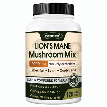 ZEBORA Lion's Mane Capsules – Memory, Focus & Immune Support | 120 Vegan