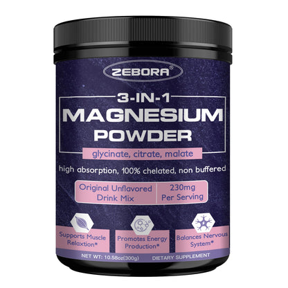 ZEBORA Magnesium Powder – 3-in-1 Chelated Mg (Glycinate, Citrate, Malate) for Sleep, Muscle & Brain Health | Vegan, Non-GMO, 10.58oz