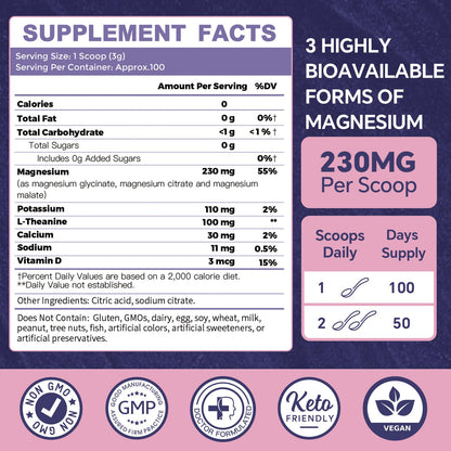 ZEBORA Magnesium Powder – 3-in-1 Chelated Mg (Glycinate, Citrate, Malate) for Sleep, Muscle & Brain Health | Vegan, Non-GMO, 10.58oz