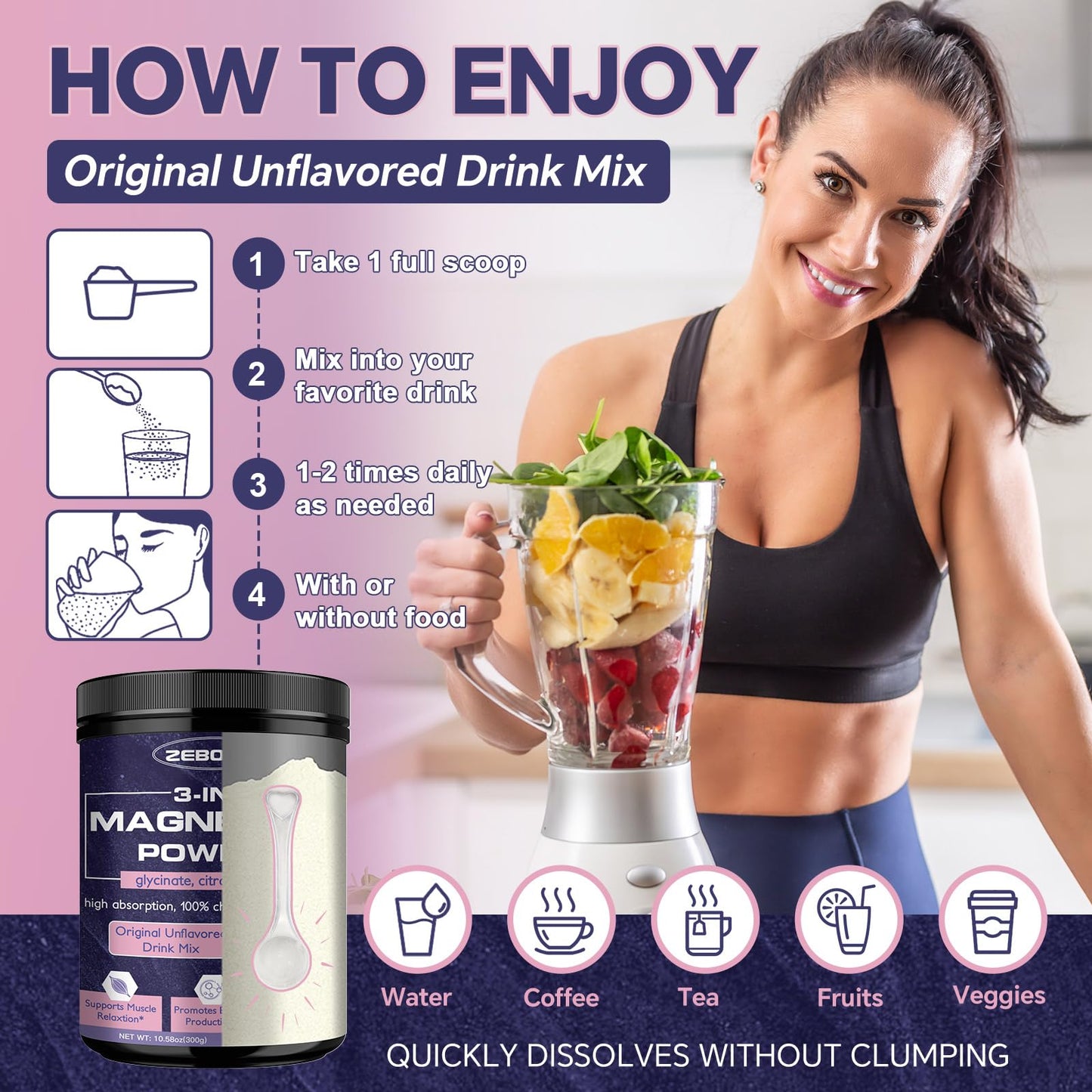 ZEBORA Magnesium Powder – 3-in-1 Chelated Mg (Glycinate, Citrate, Malate) for Sleep, Muscle & Brain Health | Vegan, Non-GMO, 10.58oz
