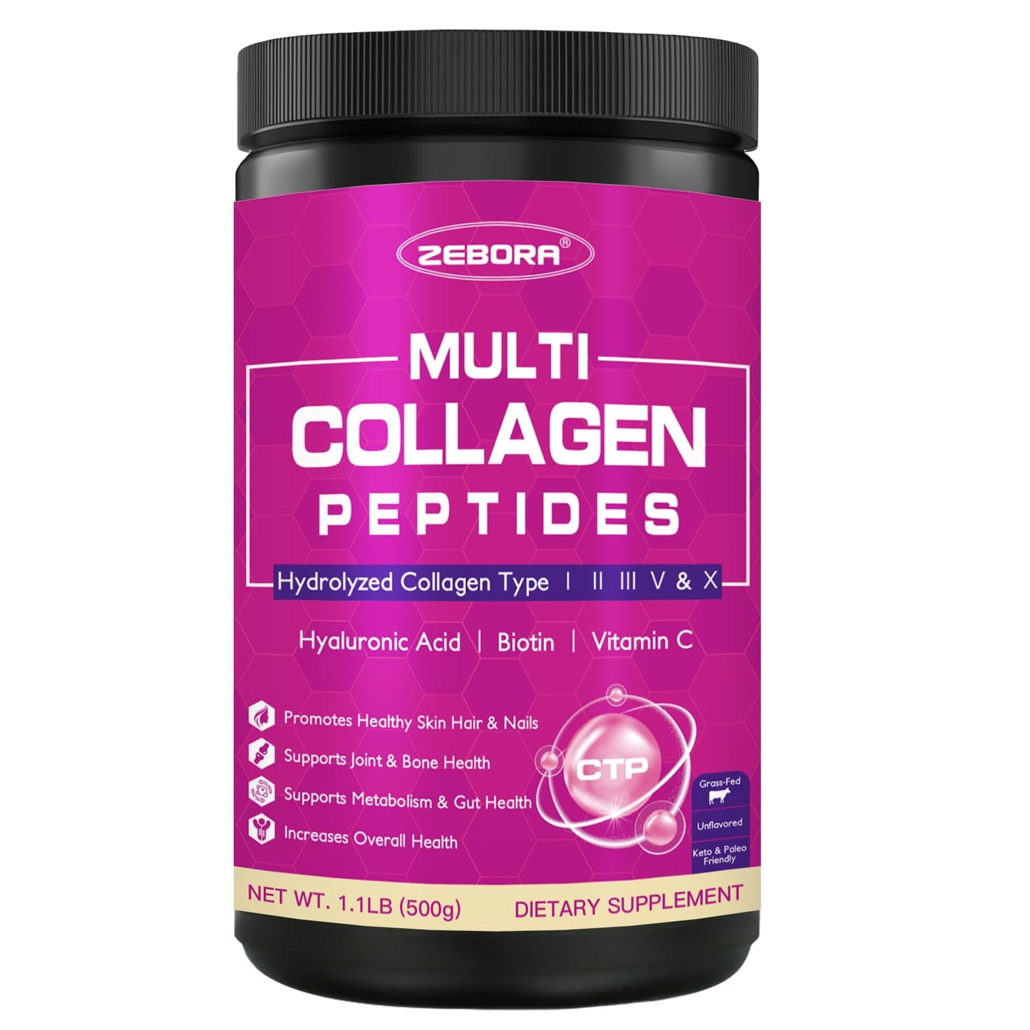 ZEBORA Multi Collagen Peptides Powder 50 Servings – Hydrolyzed Collagen Types I, II, III, V & X with Hyaluronic Acid, Biotin & Vitamin C