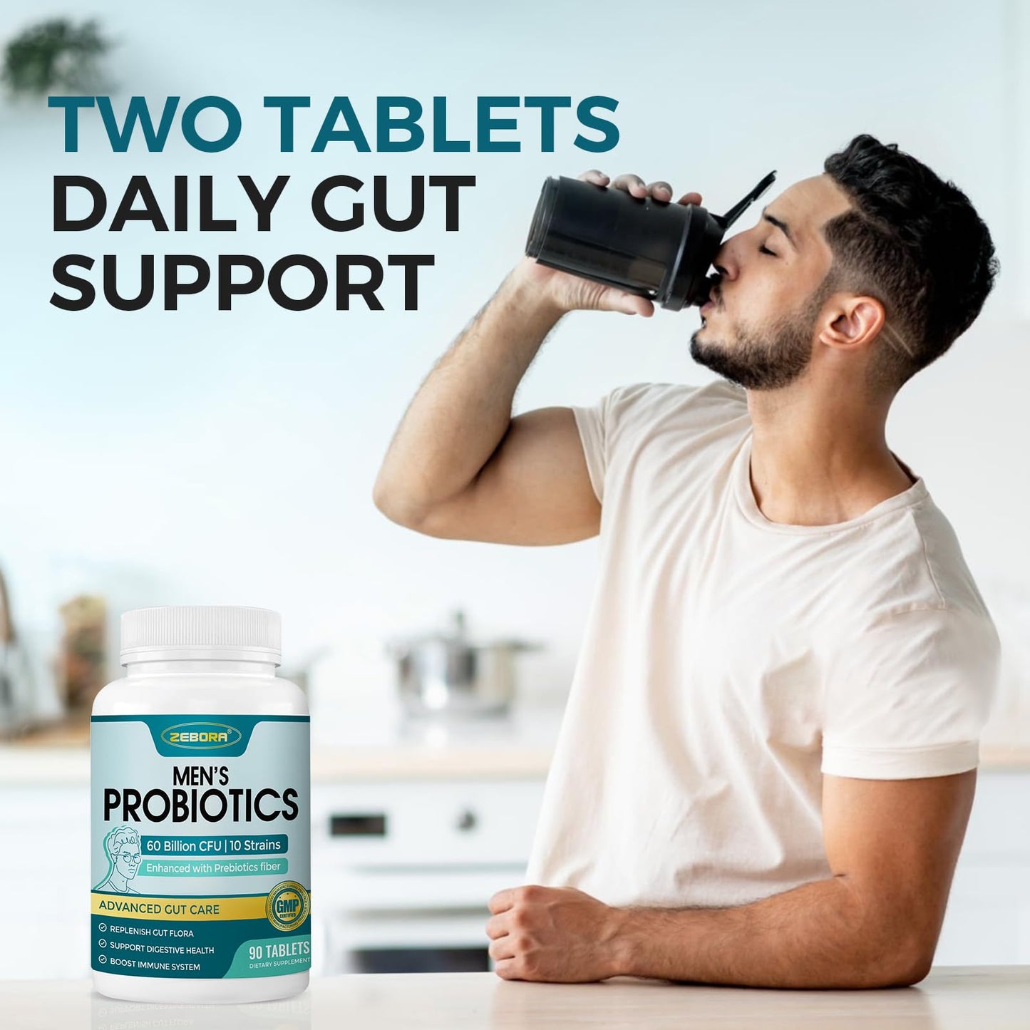 ZEBORA Probiotics for Men + Prebiotics – 60B CFUs, 10 Strains, 90 Tablets, Shelf-Stable, Gluten & Soy Free