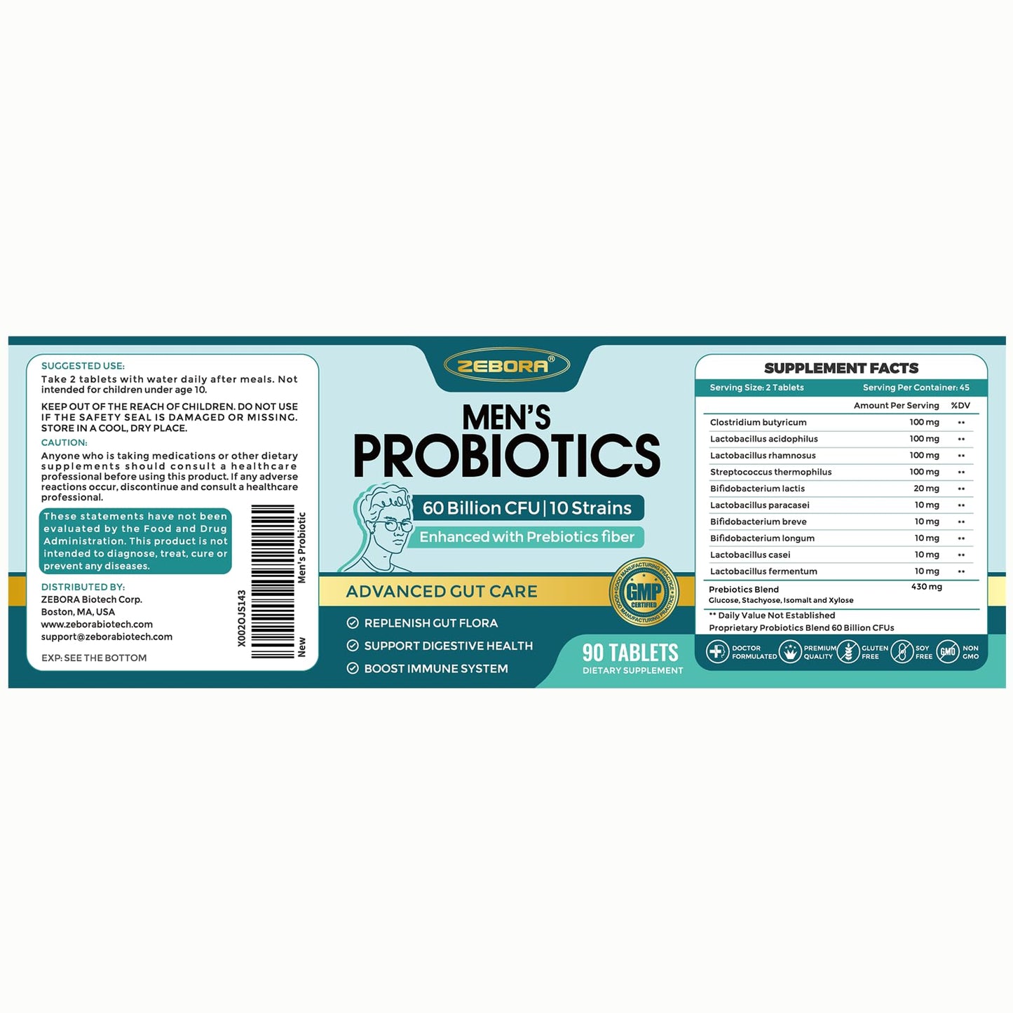 ZEBORA Probiotics for Men with Prebiotics – 60B CFU, 10 Strains, 90 Tablets (Pack of 2)