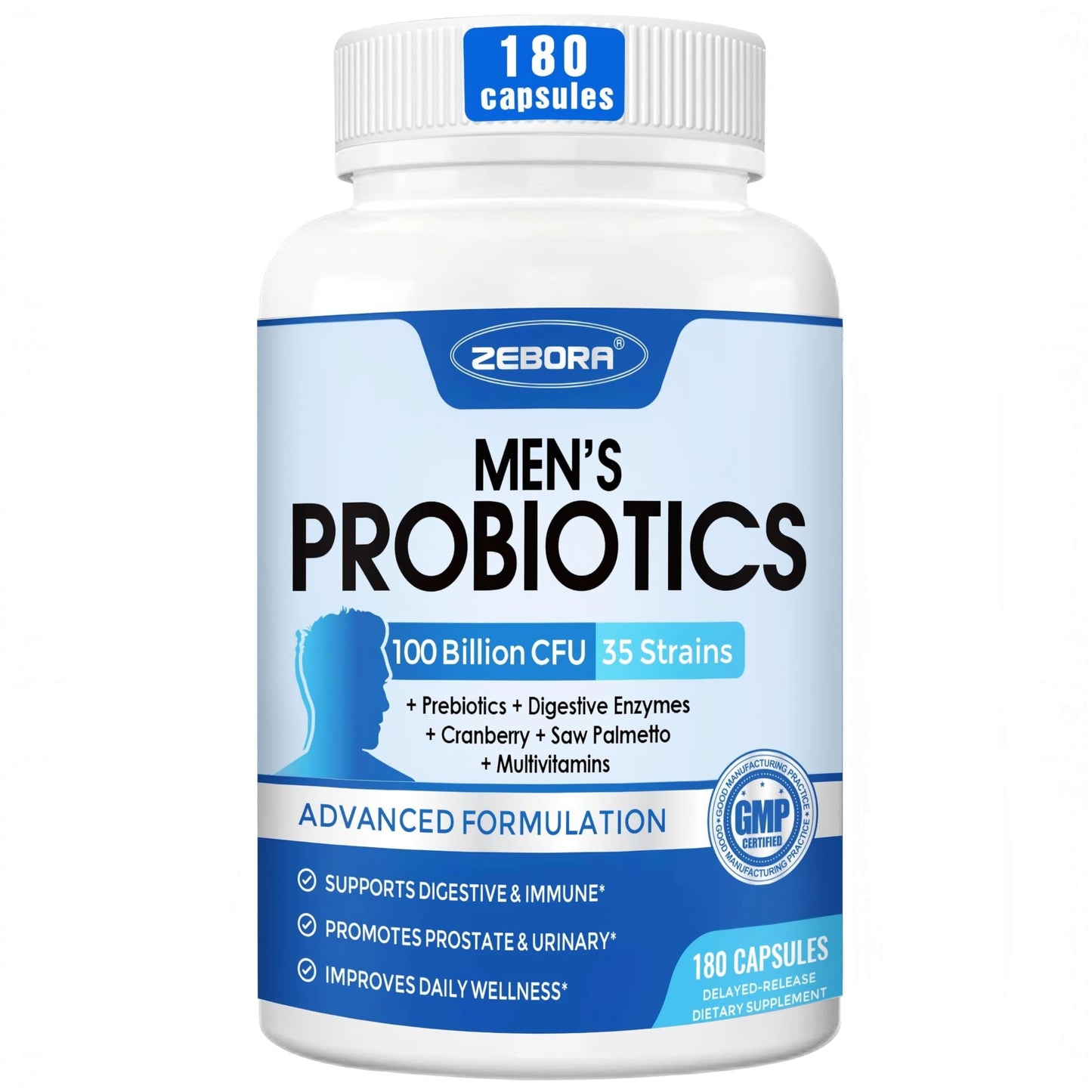 ZEBORA Probiotics for Men – 100 Billion CFU, Gut Health & Prostate Support, Cranberry & Saw Palmetto, 180 Caps