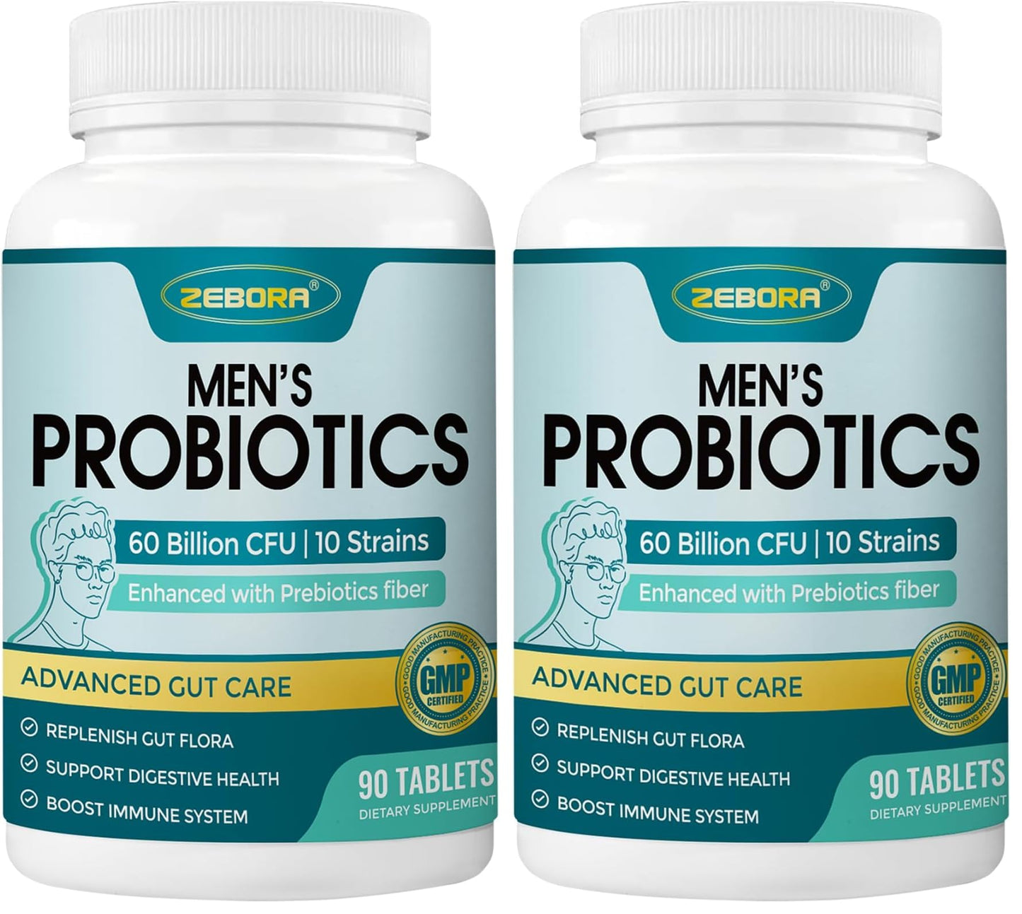ZEBORA Probiotics for Men with Prebiotics – 60B CFU, 10 Strains, 90 Tablets (Pack of 2)