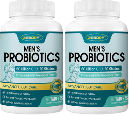 ZEBORA Probiotics for Men with Prebiotics – 60B CFU, 10 Strains, 90 Tablets (Pack of 2)