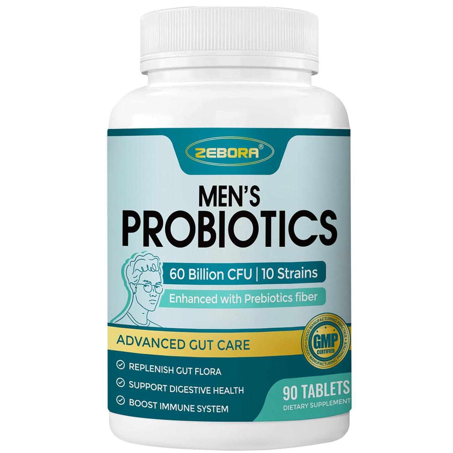 ZEBORA Probiotics for Men + Prebiotics – 60B CFUs, 10 Strains, 90 Tablets, Shelf-Stable, Gluten & Soy Free
