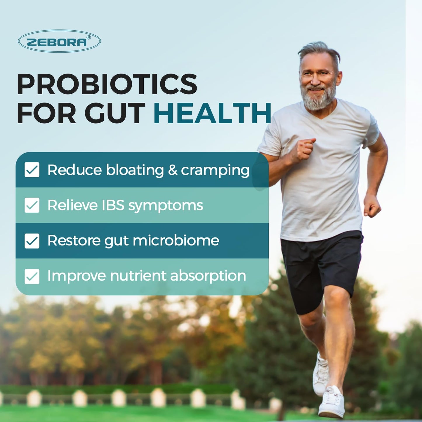 ZEBORA Probiotics for Men + Prebiotics – 60B CFUs, 10 Strains, 90 Tablets, Shelf-Stable, Gluten & Soy Free
