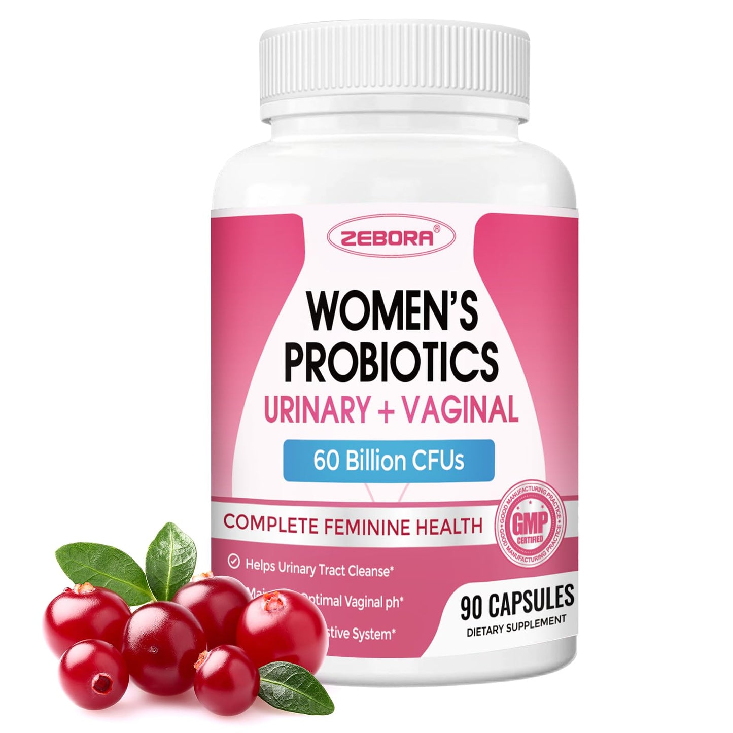 ZEBORA Probiotics for Women – Cranberry, D-Mannose, Organic Prebiotics, Vitamin C | Urinary Tract & Vaginal Health | Gluten Free | 90 Vegan Capsules