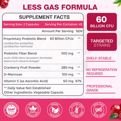 ZEBORA Probiotics for Women – Cranberry, D-Mannose, Organic Prebiotics, Vitamin C | Urinary Tract & Vaginal Health | Gluten Free | 90 Vegan Capsules
