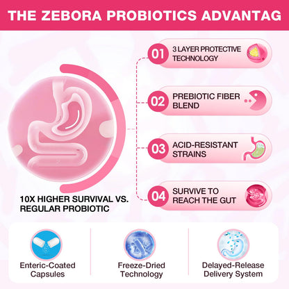 ZEBORA Probiotics for Women – Cranberry, D-Mannose, Organic Prebiotics, Vitamin C | Urinary Tract & Vaginal Health | Gluten Free | 90 Vegan Capsules