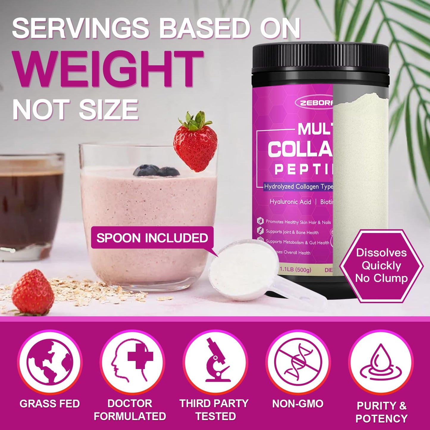 ZEBORA Multi Collagen Peptides Powder 50 Servings – Hydrolyzed Collagen Types I, II, III, V & X with Hyaluronic Acid, Biotin & Vitamin C