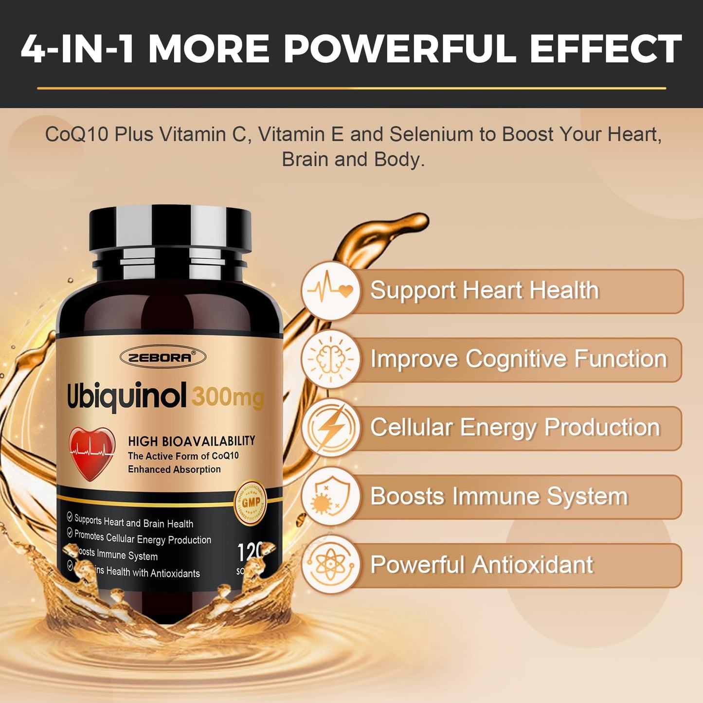 ZEBORA Ubiquinol CoQ10 300mg Softgels - 4-in-1 Heart Health & Energy, 120 Softgels