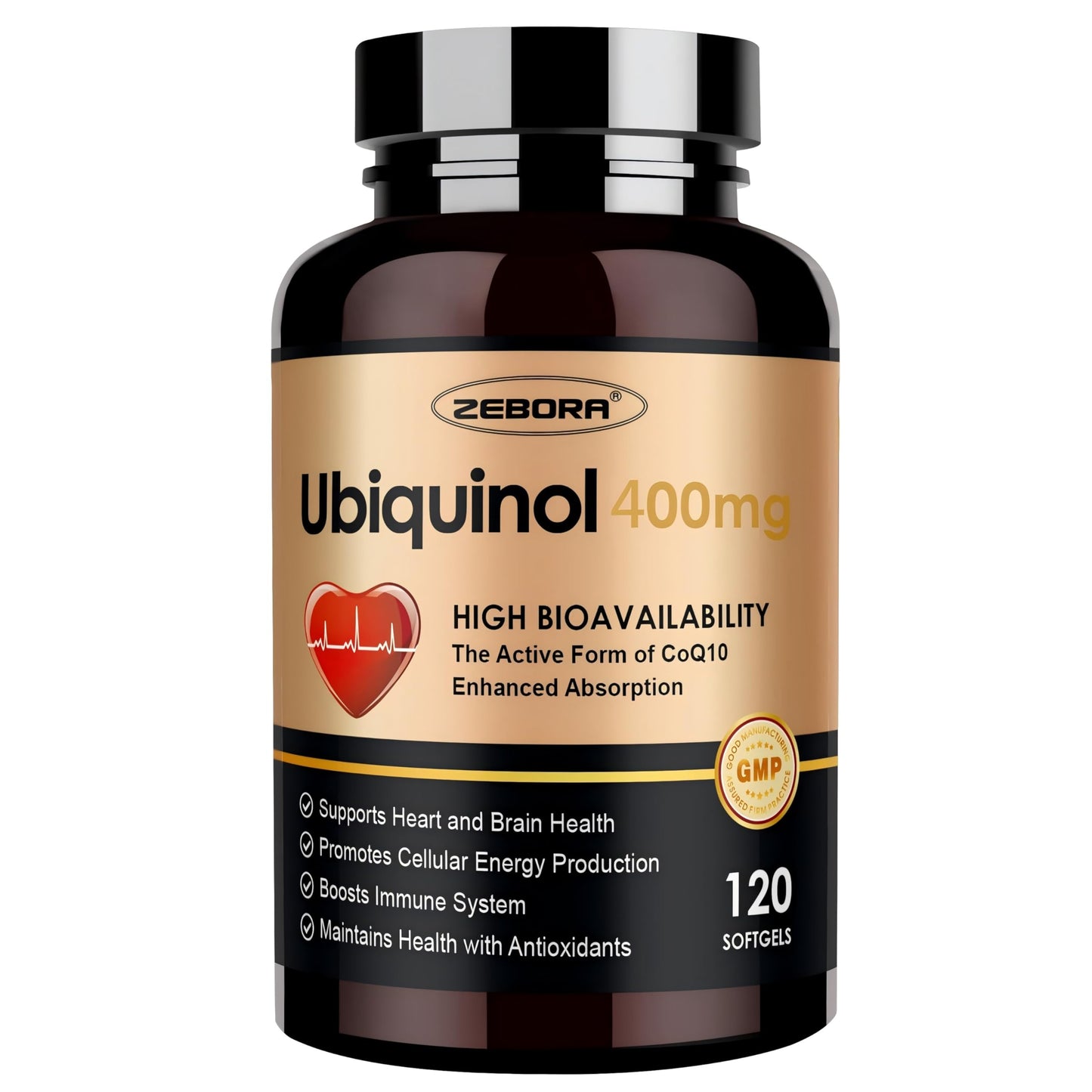 ZEBORA Ubiquinol CoQ10 400mg Softgels – 120 Count, Max Absorption, 4-in-1 Antioxidant for Heart Health & Energy