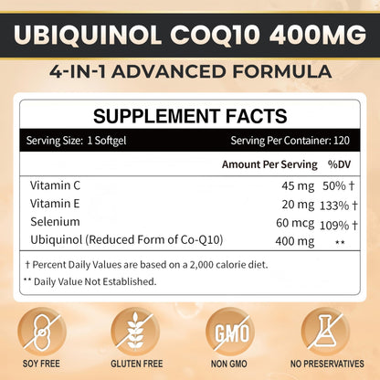 ZEBORA Ubiquinol CoQ10 400mg Softgels – 120 Count, Max Absorption, 4-in-1 Antioxidant for Heart Health & Energy