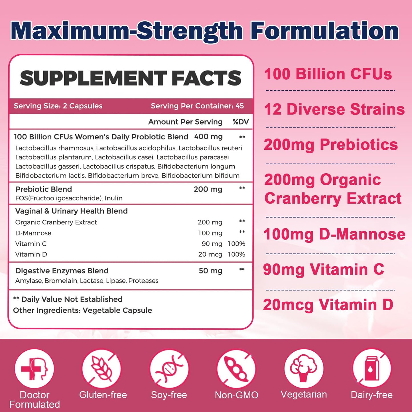 ZEBORA Vaginal Probiotics for Women - 100 Billion CFUs, 90 Veggie Capsules