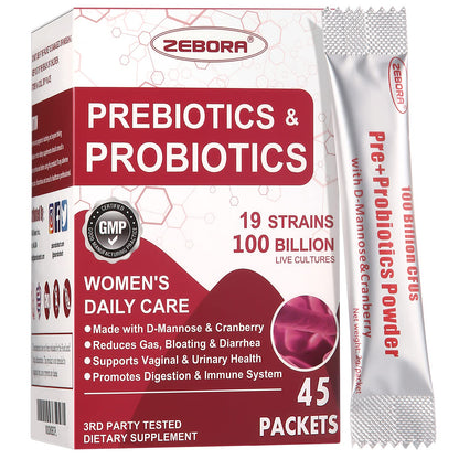 ZEBORA Probiotics for Women | 100B CFUs, Prebiotics, D-Mannose & Cranberry, 45 Packets
