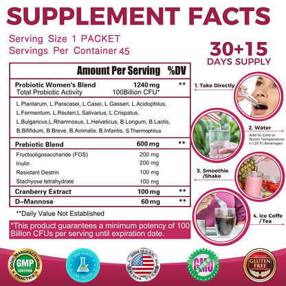 ZEBORA Probiotics for Women | 100B CFUs, Prebiotics, D-Mannose & Cranberry, 45 Packets