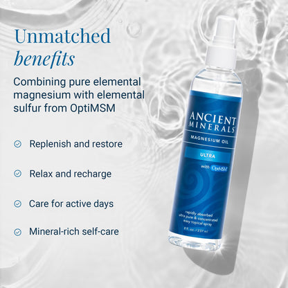 Ancient Minerals Ultra Magnesium Oil Spray with MSM – Zechstein Magnesium Chloride + OptiMSM (4 oz)