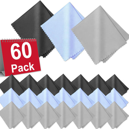 Zeefpod 60-Pack Microfiber Cleaning Cloths – Glasses & Screens, 6x7 in (Black, Grey, Light Blue)