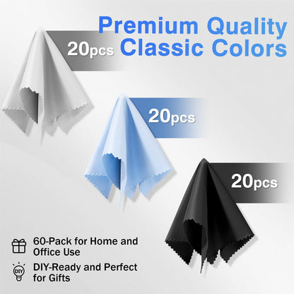 Zeefpod 60-Pack Microfiber Cleaning Cloths – Glasses & Screens, 6x7 in (Black, Grey, Light Blue)