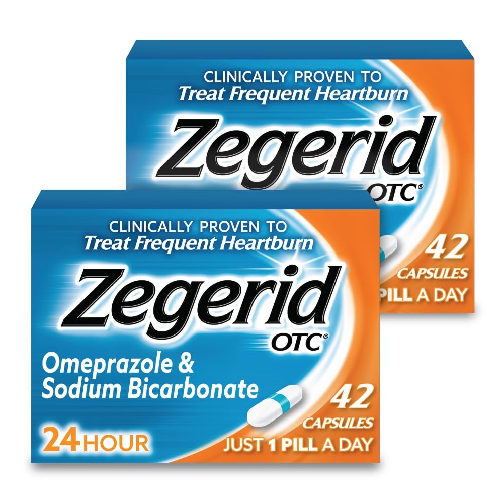 Zegerid OTC 24-Hour Heartburn Relief | Omeprazole 20mg + Sodium Bicarbonate | Two 42ct Cartons