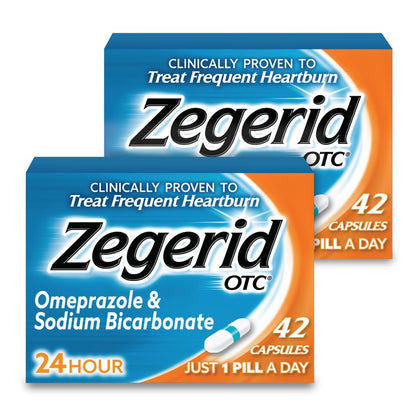 Zegerid OTC 24-Hour Heartburn Relief | Omeprazole 20mg + Sodium Bicarbonate | Two 42ct Cartons