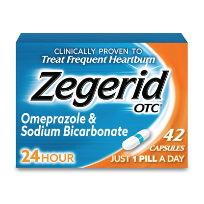 Zegerid OTC 24-Hour Heartburn Relief | Omeprazole 20 mg + Sodium Bicarbonate | 42 Capsules