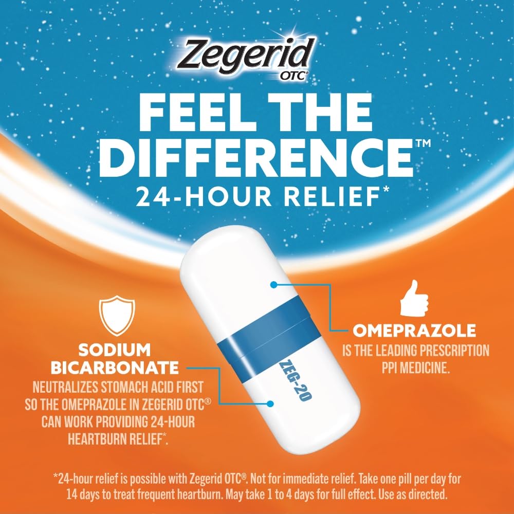 Zegerid OTC 24-Hour Heartburn Relief | Omeprazole 20mg + Sodium Bicarbonate | Two 42ct Cartons