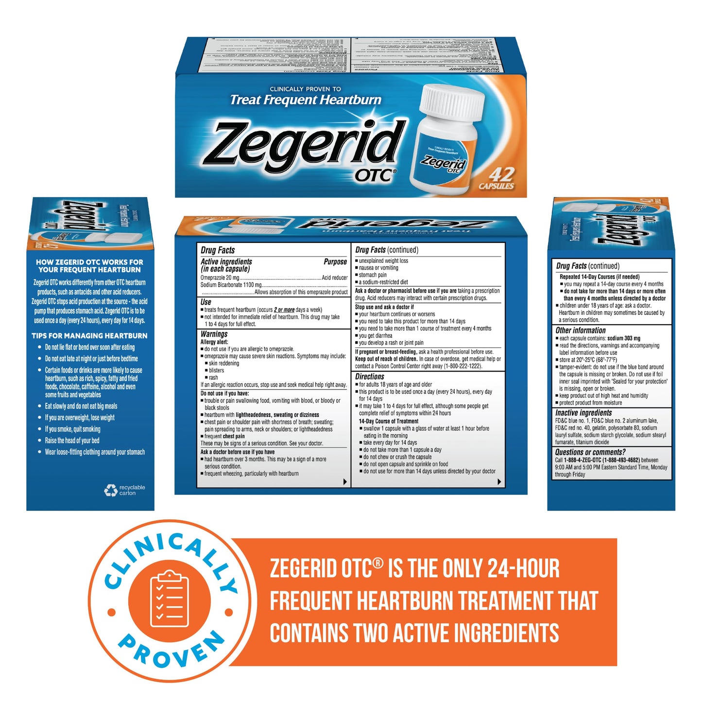Zegerid OTC 24-Hour Heartburn Relief | Omeprazole 20 mg + Sodium Bicarbonate | 42 Capsules