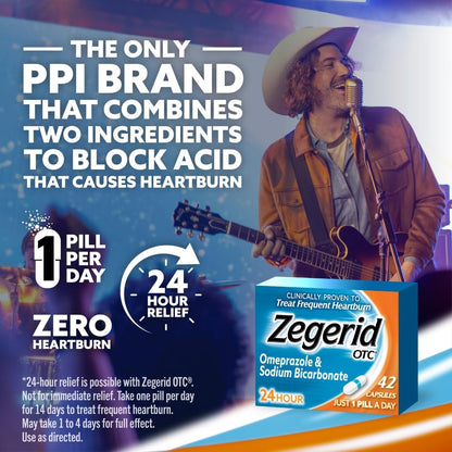 Zegerid OTC 24-Hour Heartburn Relief | Omeprazole 20mg + Sodium Bicarbonate | Two 42ct Cartons