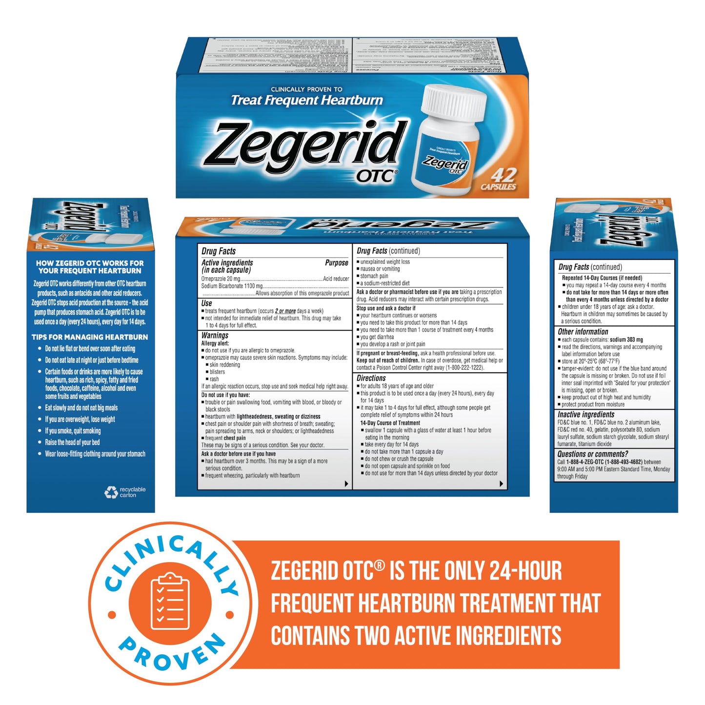 Zegerid OTC 24-Hour Heartburn Relief | Omeprazole 20mg + Sodium Bicarbonate | Two 42ct Cartons