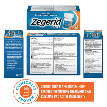 Zegerid OTC 24-Hour Heartburn Relief | Omeprazole 20mg + Sodium Bicarbonate | Two 42ct Cartons
