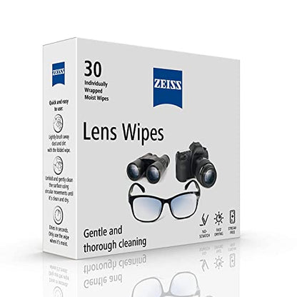 ZEISS Lens Cleaning Wipes – Pre-Moistened, Individually Wrapped (30 Count) for Coated Lenses, Glasses, Binoculars, Cameras & Scopes